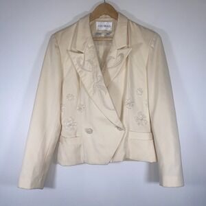 Vintage 80s Ivory Wool Embroidered Blazer Cropped Beaded Floral Lulu Bravo Sz 10